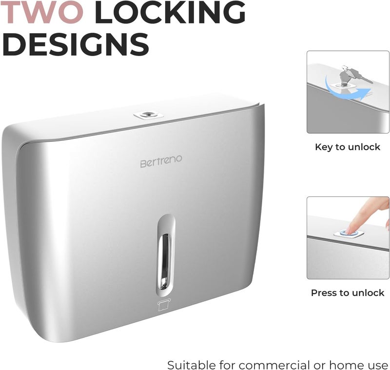 Bertreno Commercial Paper Towel Dispenser Wall Mount Paper Hand Towel Dispenser Large Capacity 200 Multifold/Trifold/C Fold Paper Towel Dispenser Bathroom Adhesive Tissue Dispenser （Silver） - Image 2
